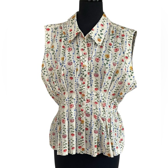 &merci Sleeveless Cream Floral Button-Front Blouse  Sz L Pleated Peplum Waist - Picture 2 of 13